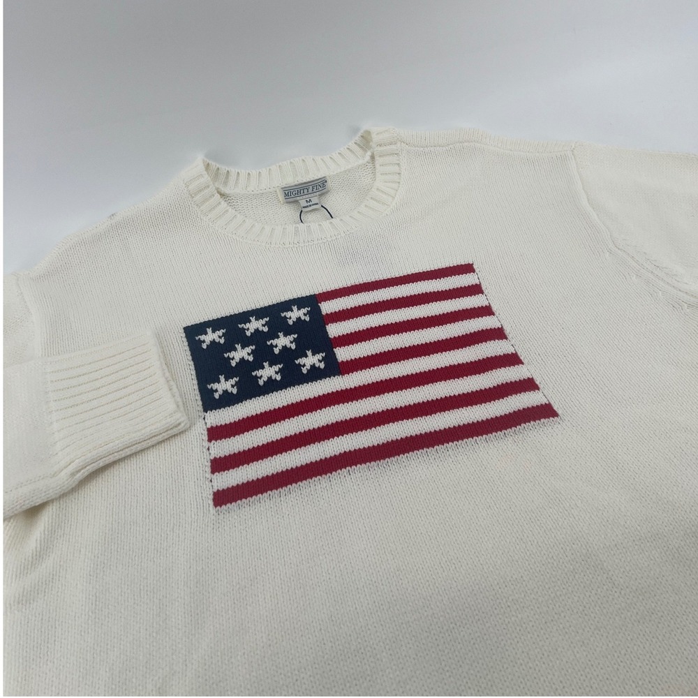 Mighty Fine Womens American Flag Knit Sweater Cream Medium NWT Patriotic Top